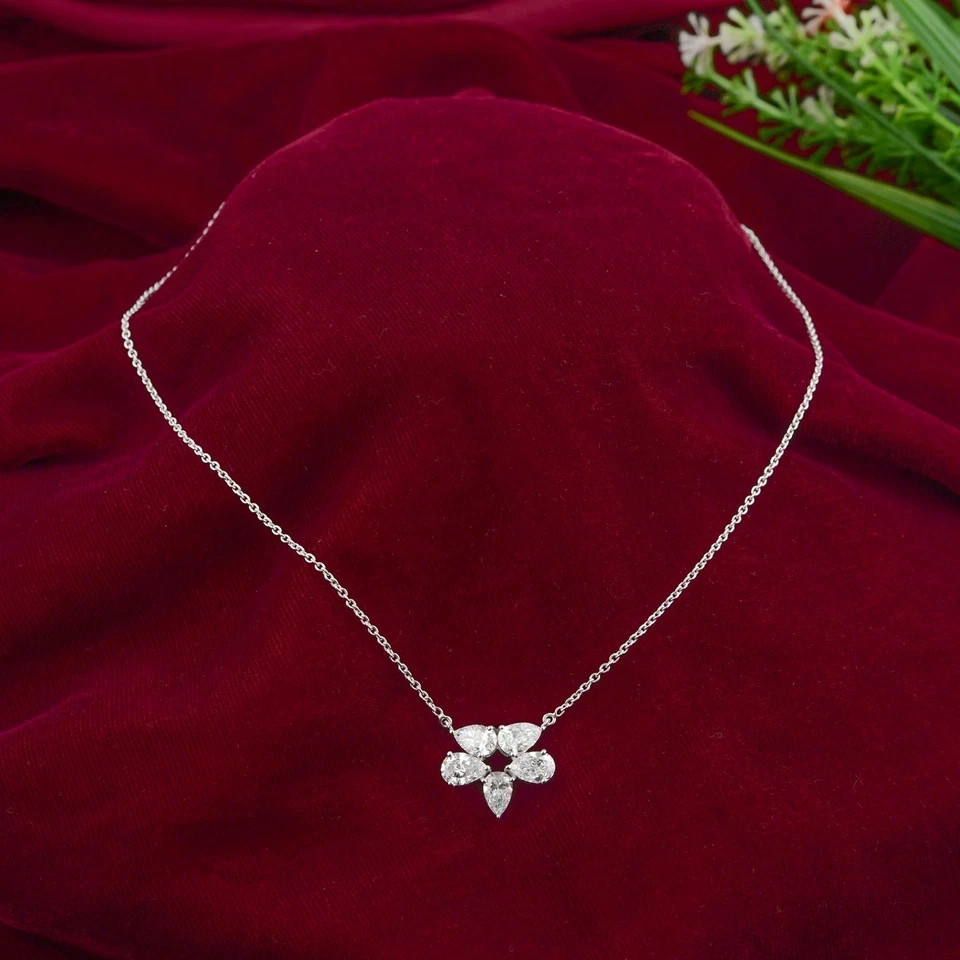 14K White Gold Pear-Cut Natural Certified Diamond Women Perfect Cluster Pendant