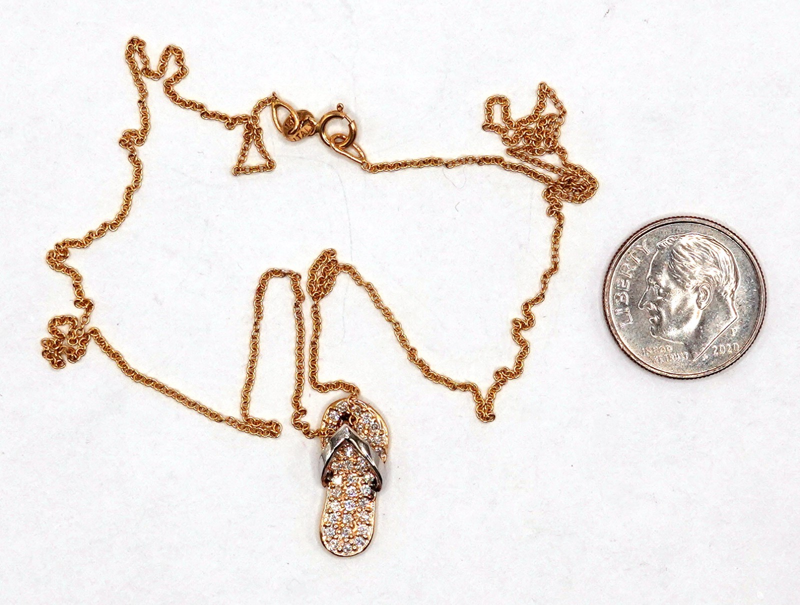 Lady’s petite 14k two tone gold pave diamond sandal flipflop pendant necklace 19