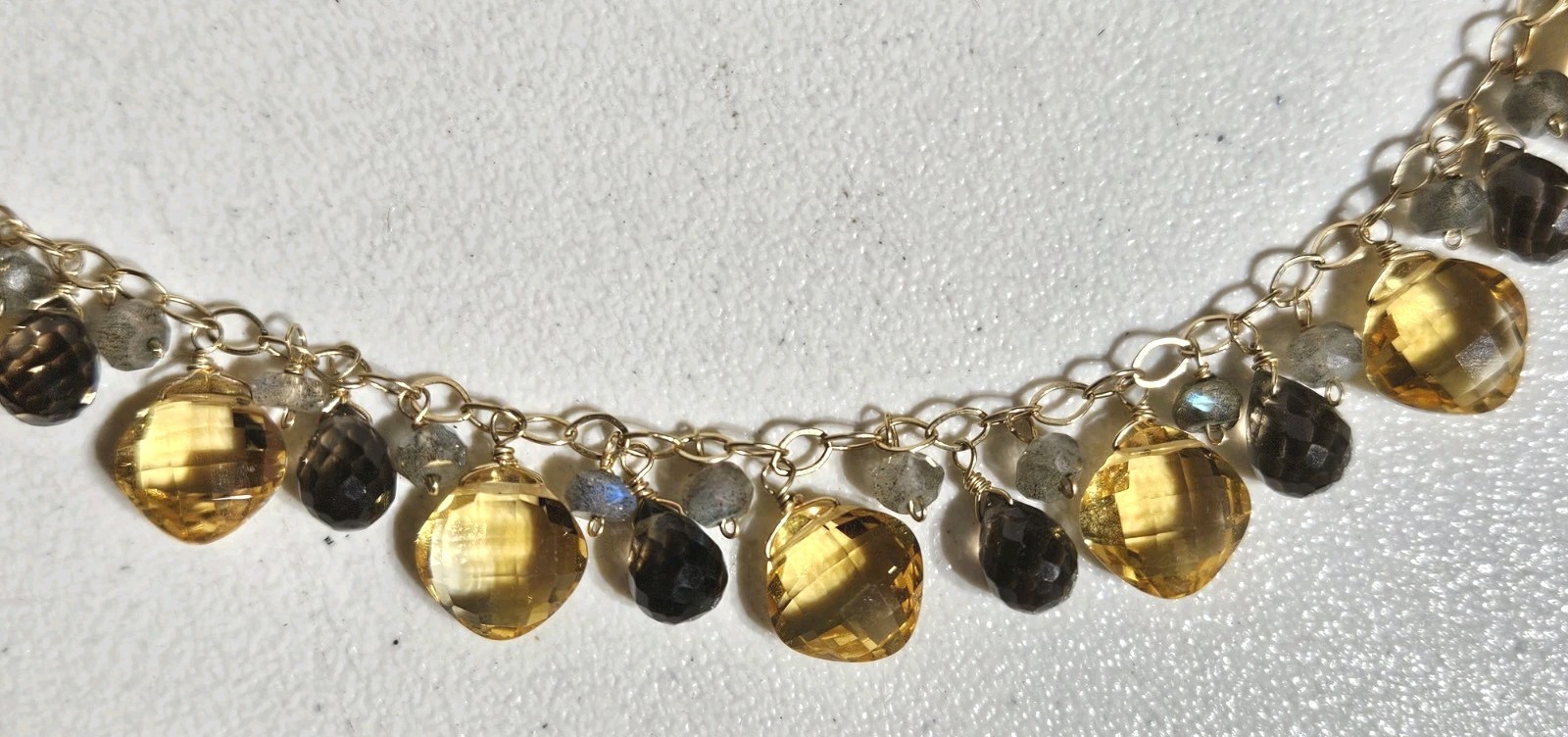 Jewelmak 14K Gold Citrine Smoky Quartz Moonstone Dangle Briolette Necklace 17″