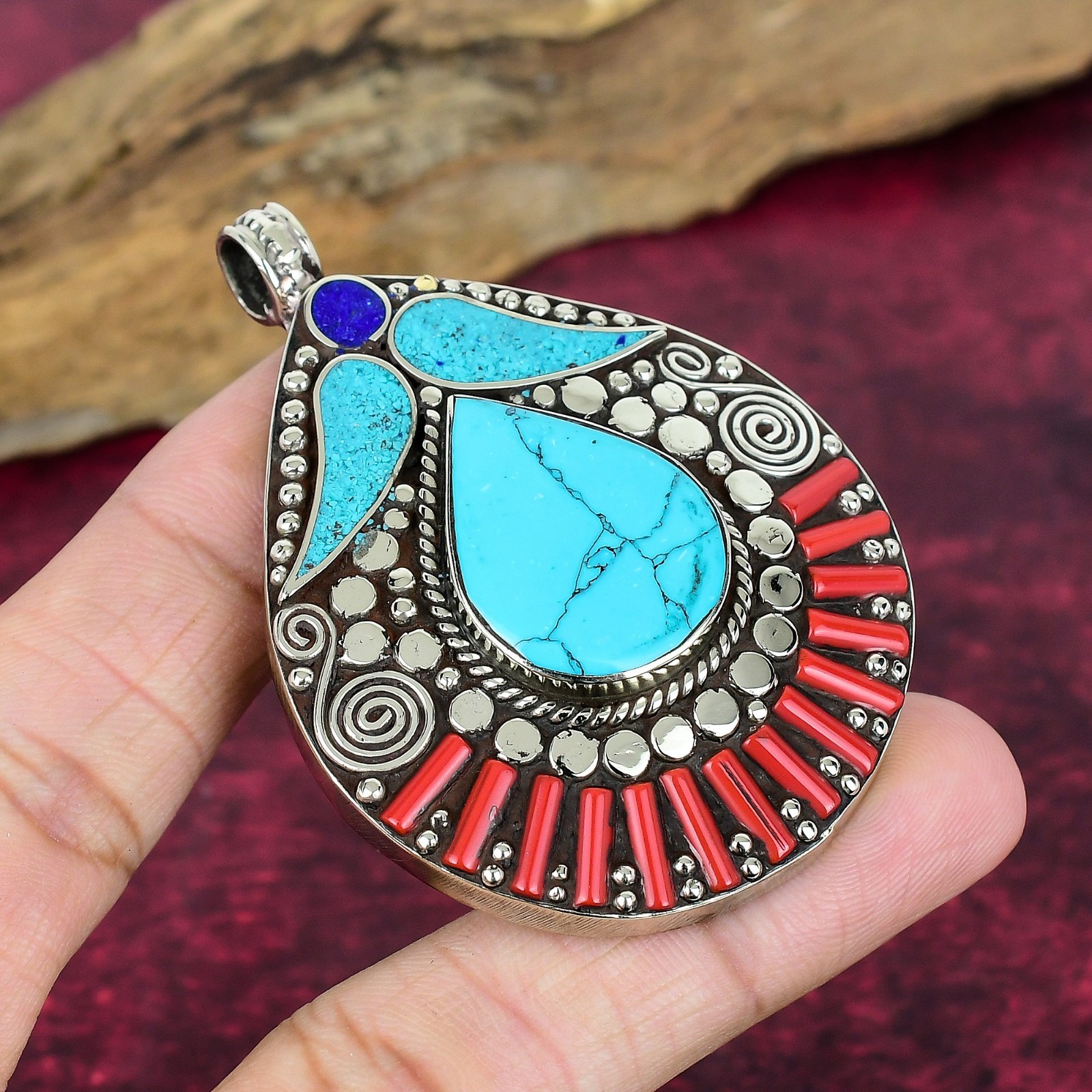 Turquoise, Coral Gemstone Handmade Jewelry 925 Sterling Silver Nepali Pendant