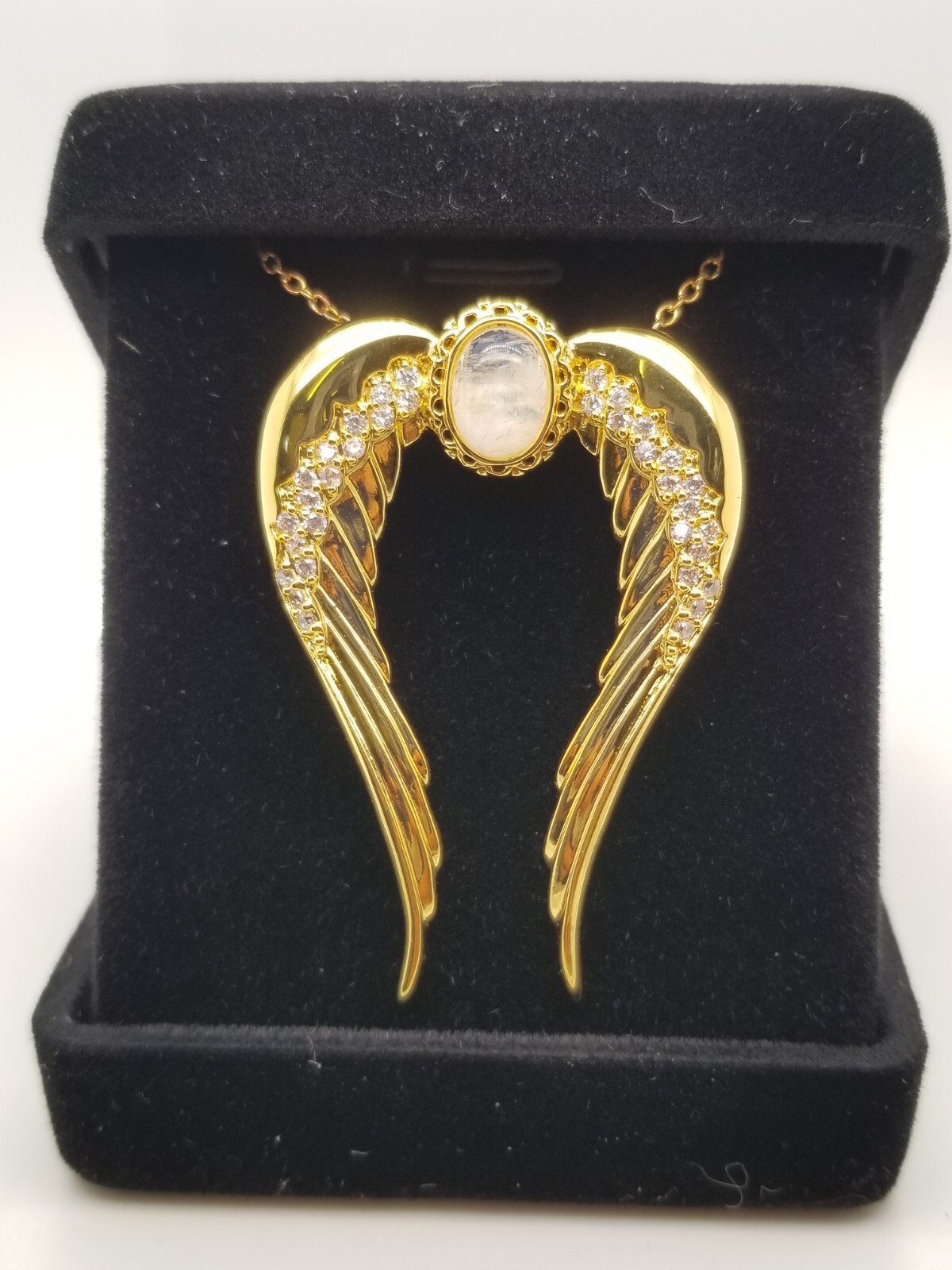 Gold-Tone 925 Sterling Silver w/ Moonstone & CZ Angel Wings Necklace