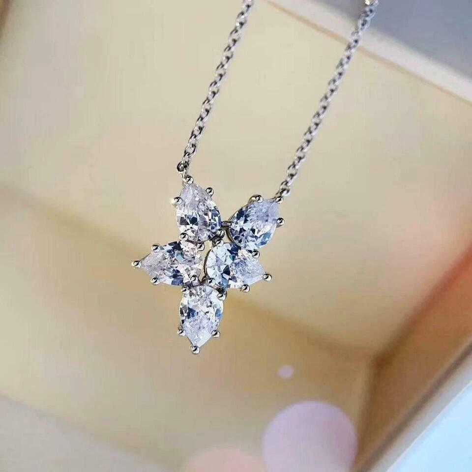2Ct Pear Cut VVS1/D Diamond Cluster Pendant Solid 14K White Gold Over Free Chain