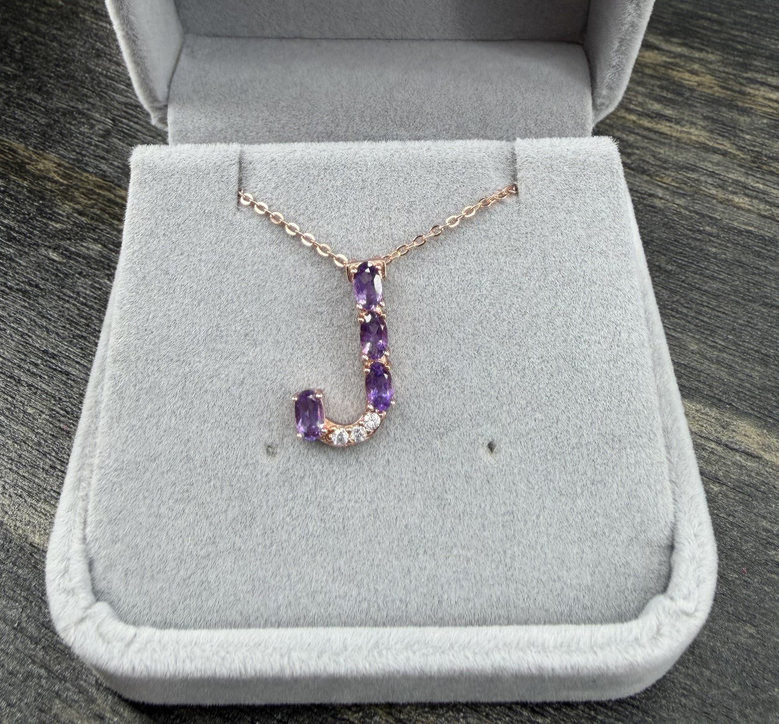 Stunning Natural Purple Amethyst Initial J -18K Rose Gold Pendant/Necklace 20 in