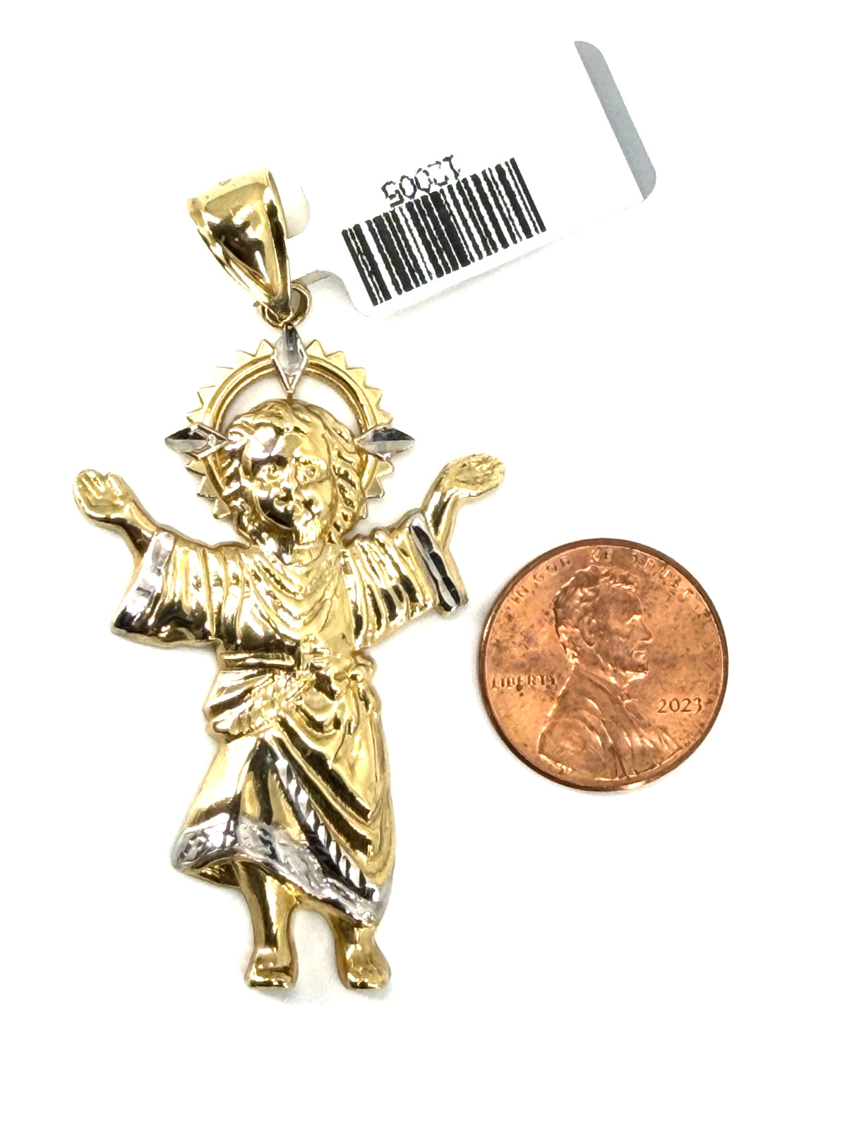 10K Solid Yellow Gold Divino Nino Baby Jesus Two Tone Diamond Cut Pendant Italy