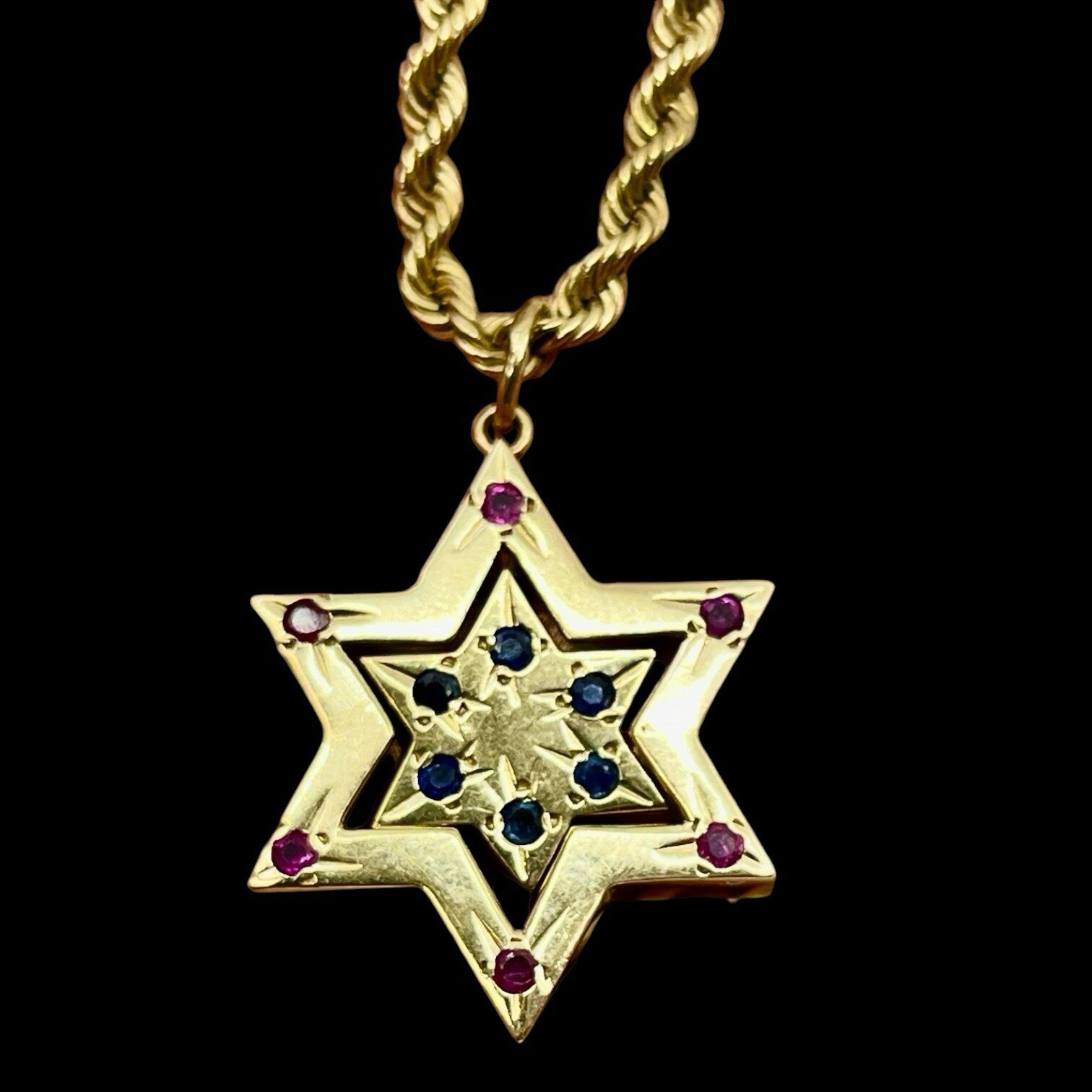 Reversible Star of David Gemstone Pendant on Rope Chain Necklace in 13K Solid Go
