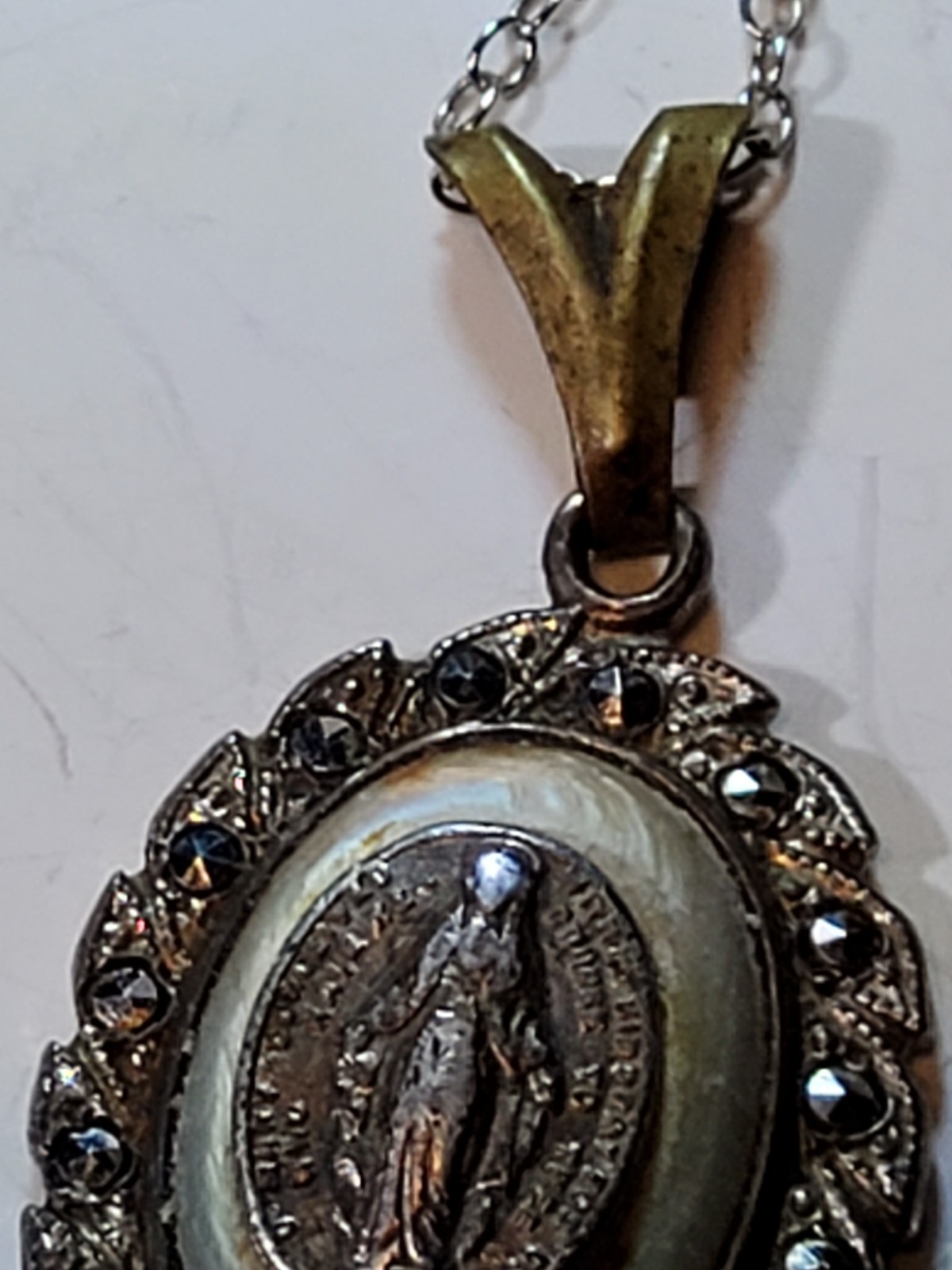 Vtg 925 Sterling Miraculous Metal Mother Of Pearl Marcasite Pendant Virgin Mary