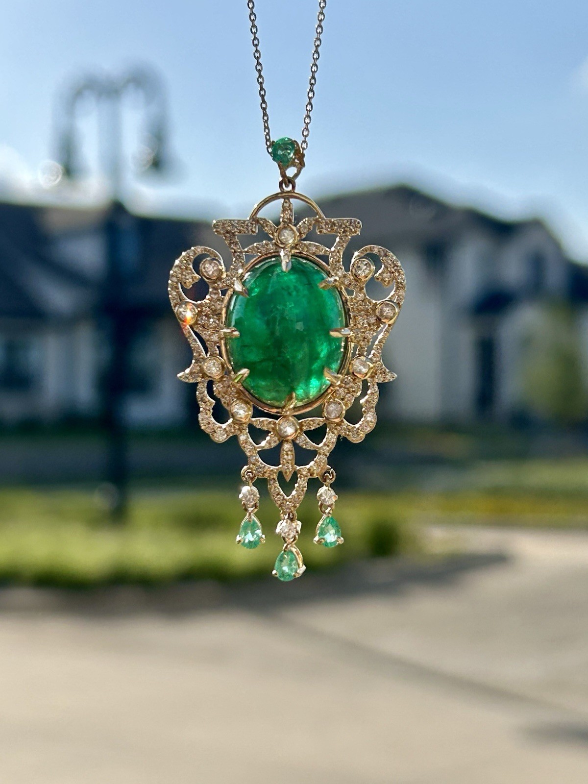 Huge 23Ct Cabochon Emerald Diamond Topaz Pendant 14K Gold Edwardian Revival