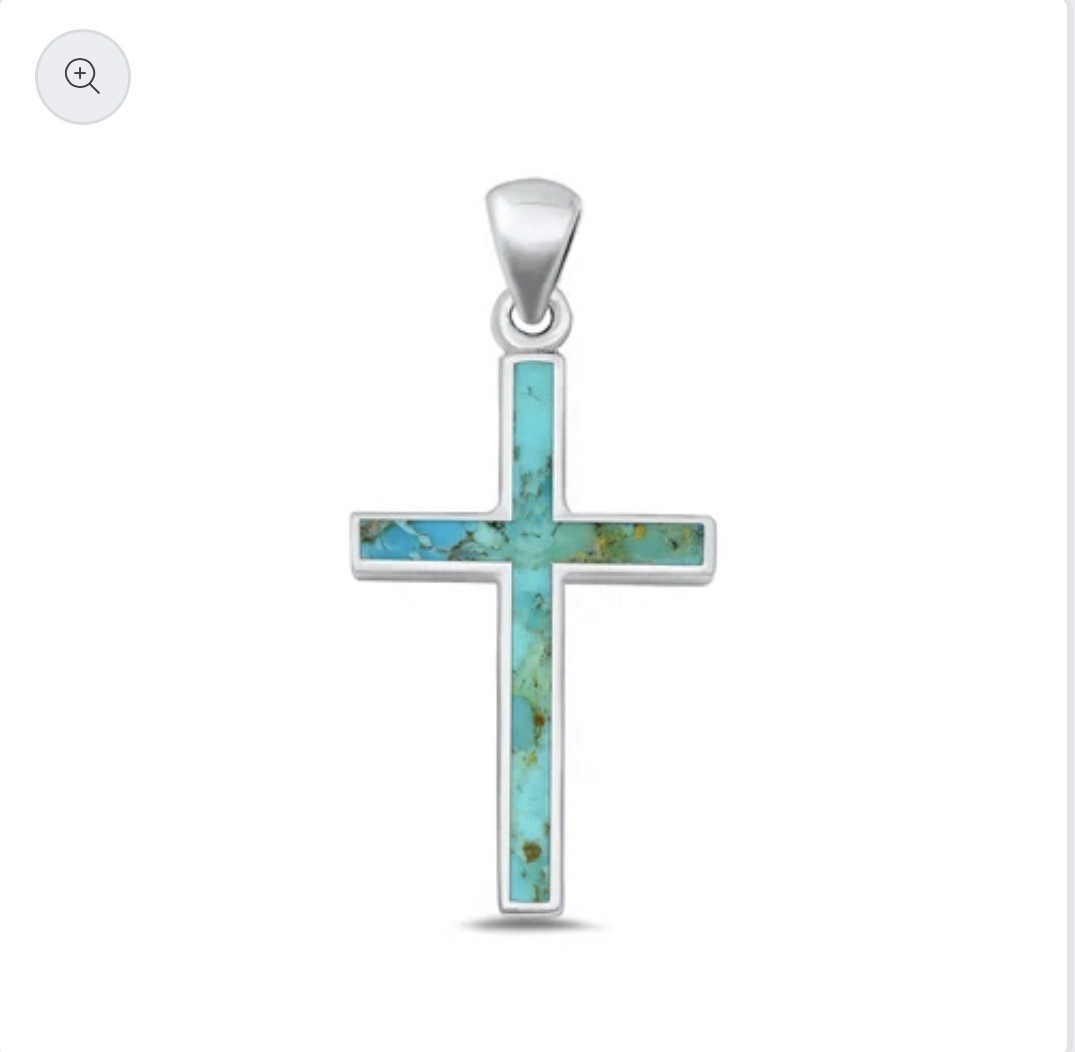 Sterling Silver Genuine Turquoise Cross Pendant & 18”Necklace Beautiful Gift 🩵