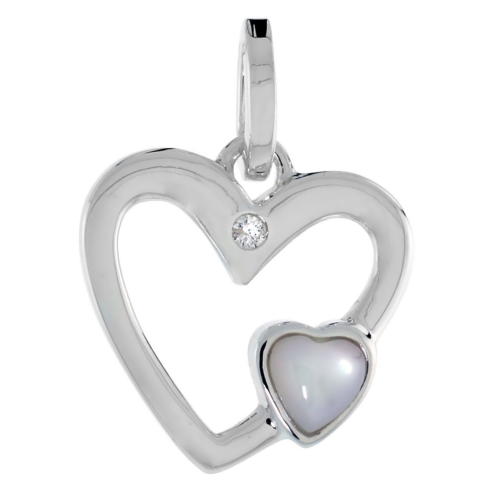 925 Sterling Silver Diamond and Pearl Open Heart Pendant 1/2 Inch (13mm) Tall