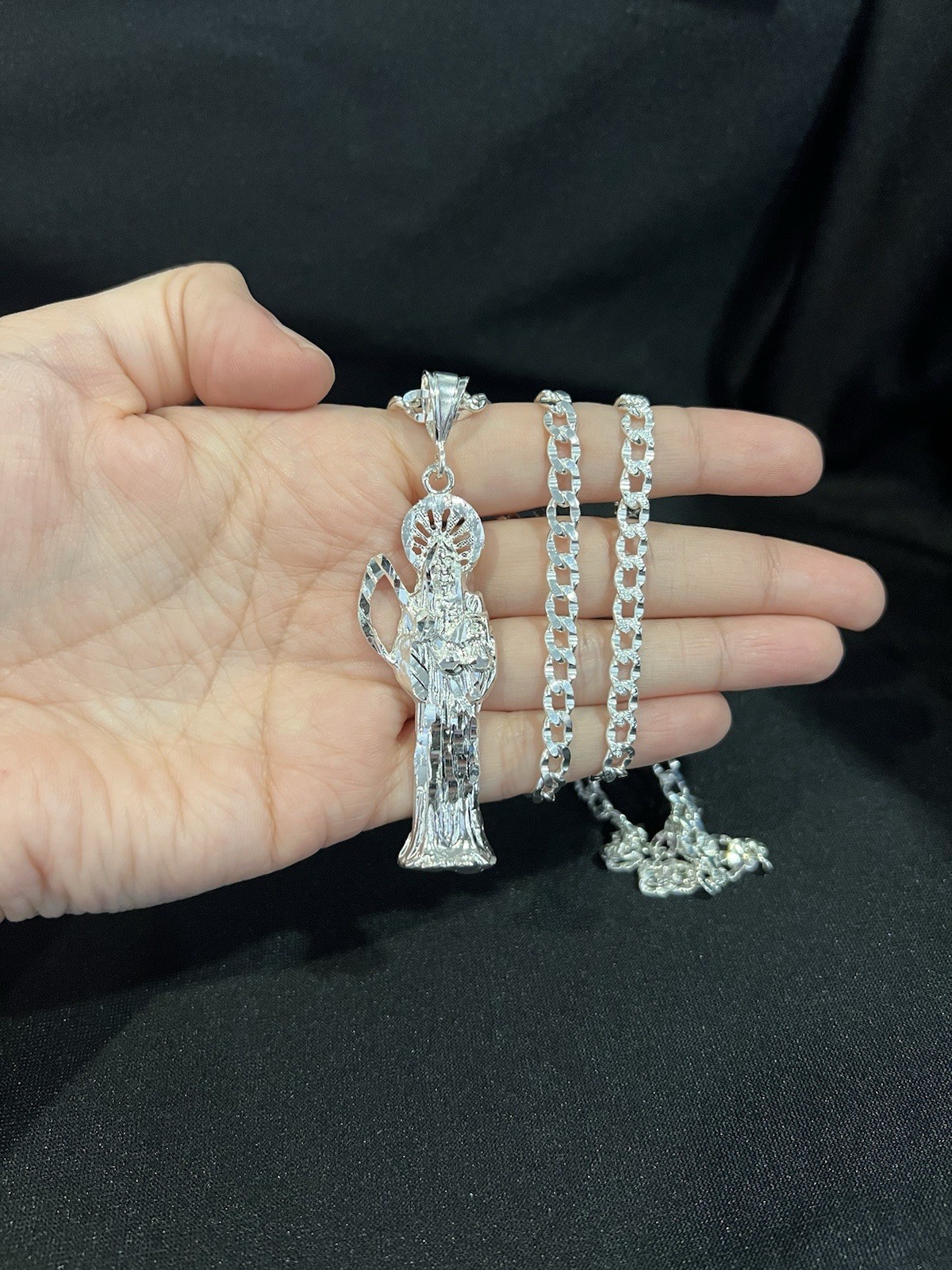 925 Sterling Silver Men Women Santa Muerte Grim Reaper Deck Curb Chain 20 26 30