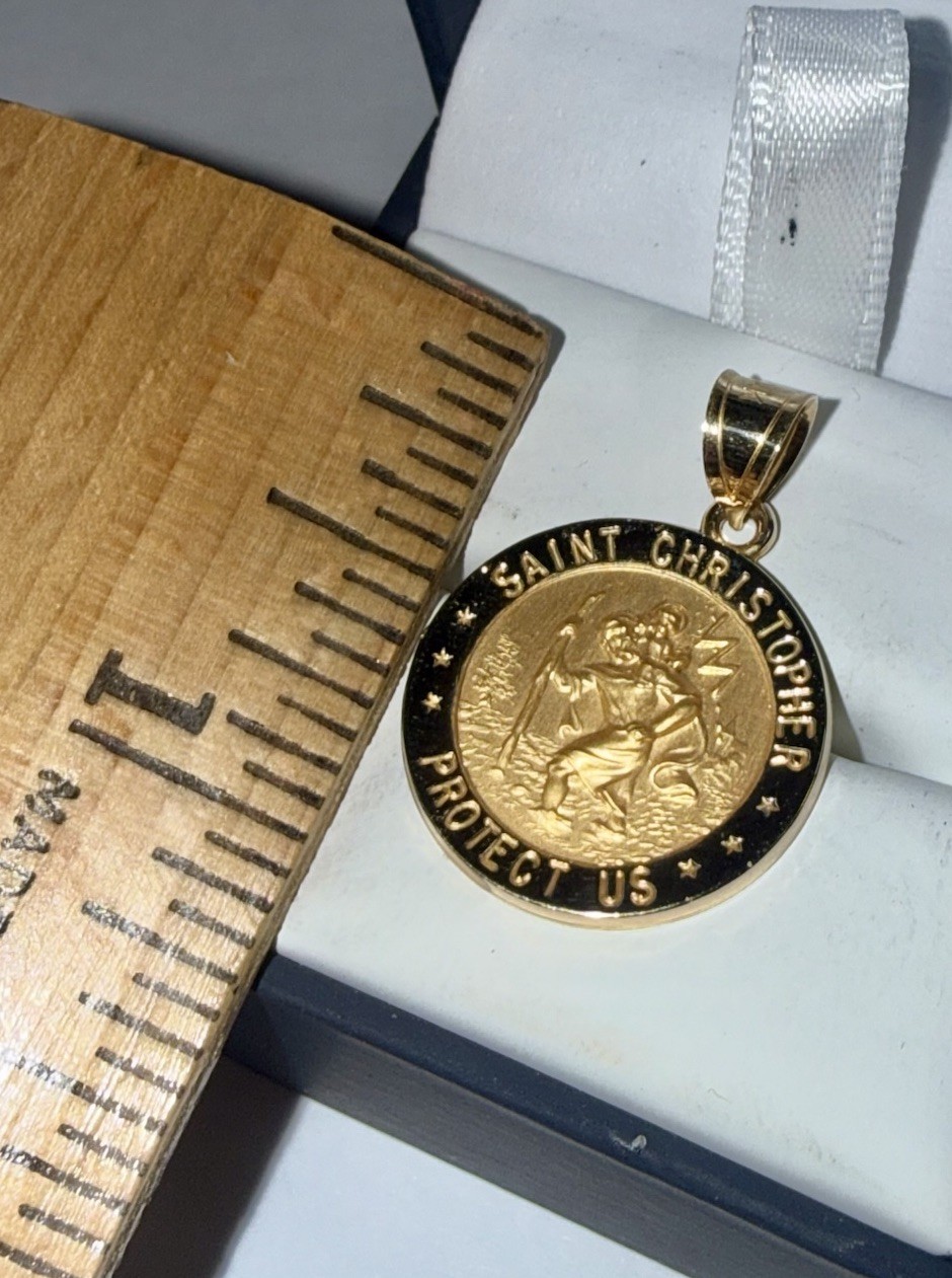 ESTATE Solid 14K Gold Saint Christopher Religious Circle Pendant