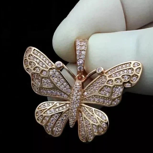 1.80Ct Round Cut Natural White Moissanite Butterfly Pendant 14K Rose Gold Plated