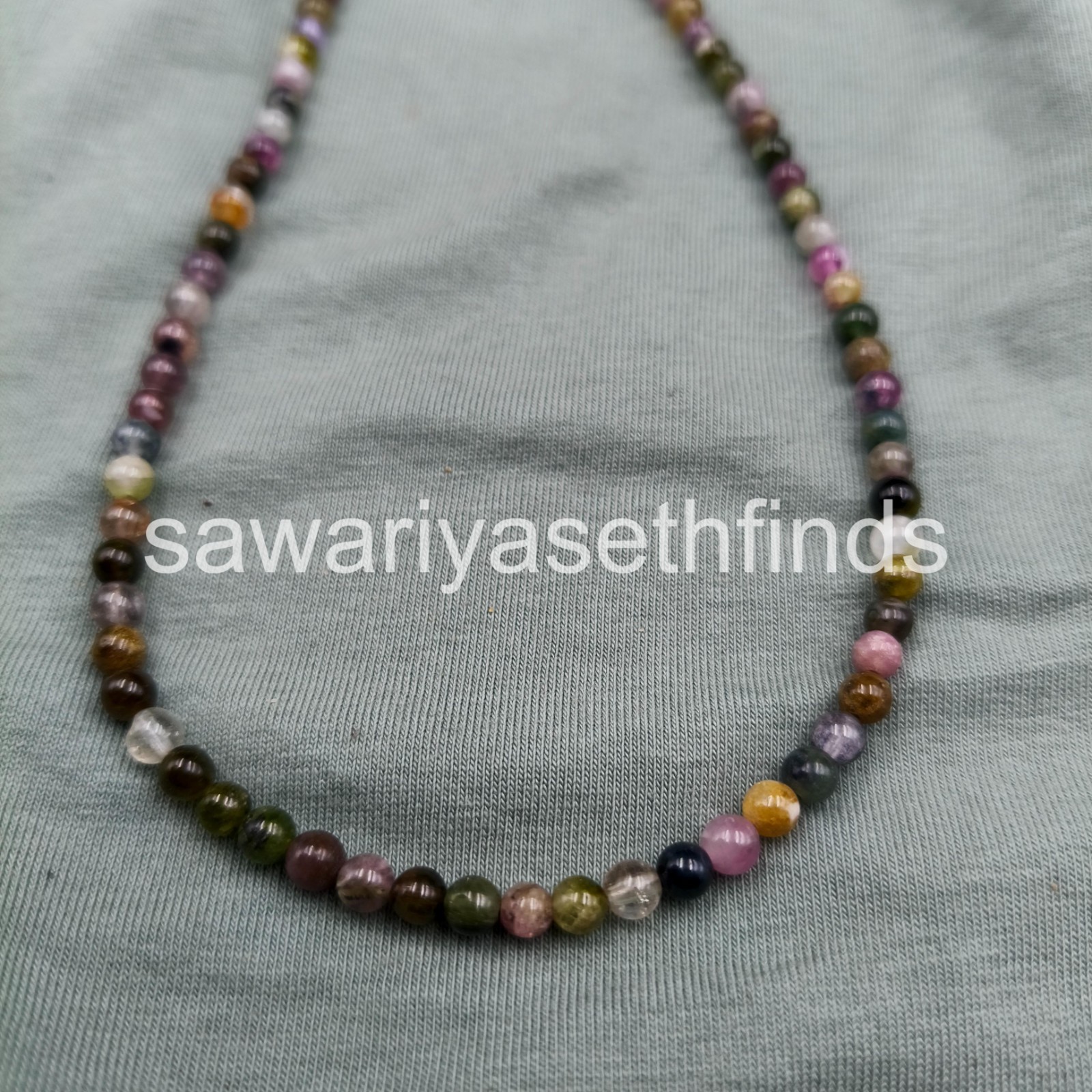 Natural Multi Tourmaline 3mm Smooth Round Beaded Necklace, Sterling Silver Clasp