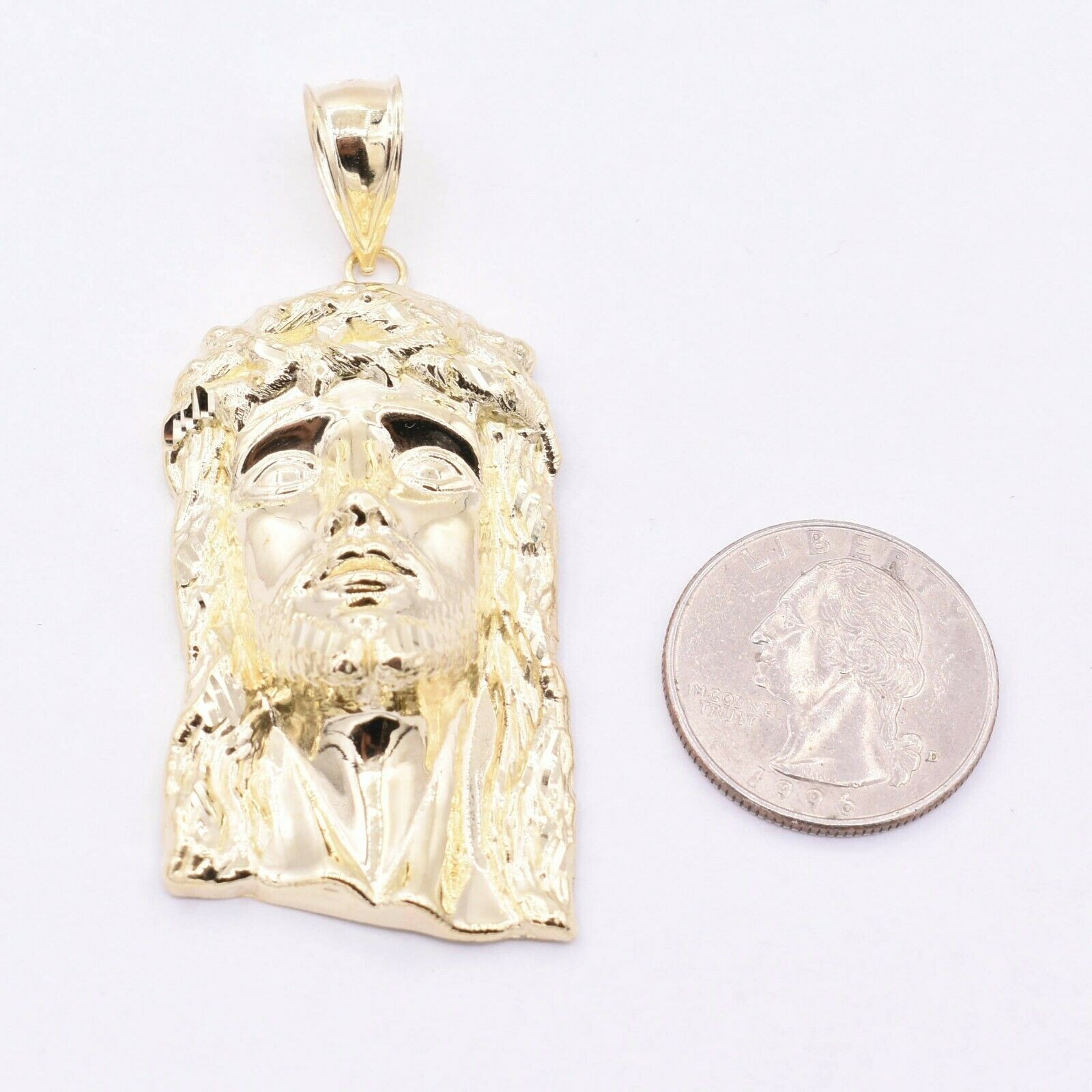 2 3/4″ Textured Face of Jesus Pendant Charm Real Solid 10K Yellow Gold
