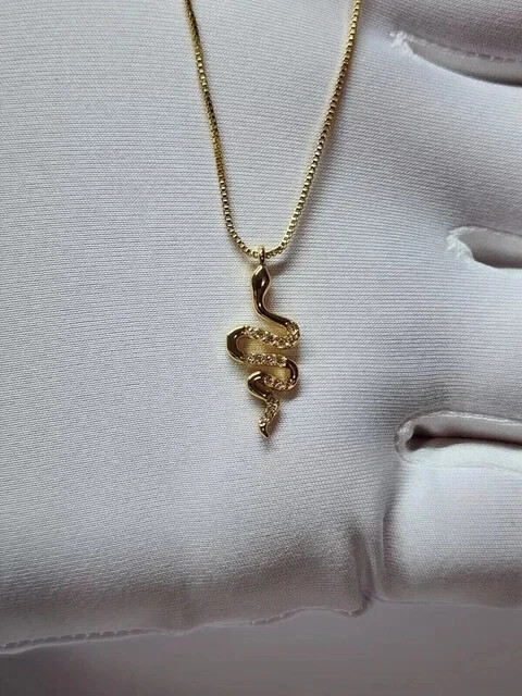 0.20Ct Round Cut Real Moissanite Snake Pendant Necklace 14K Yellow Gold Plated