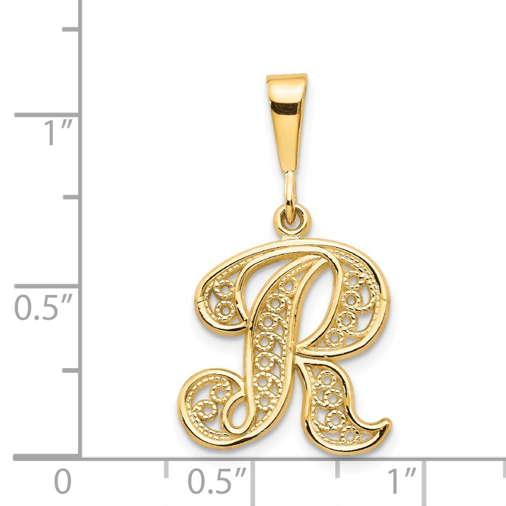 14k Yellow Gold, Maci Collection, LG Filigree Script Initial R Pendant