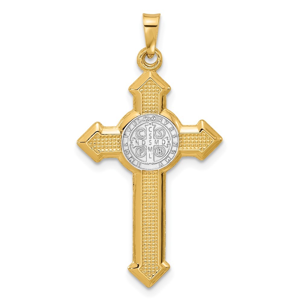 14K Two-tone Gold Textured Hollow Budded St Benedict Cross Pendant 0.86gm