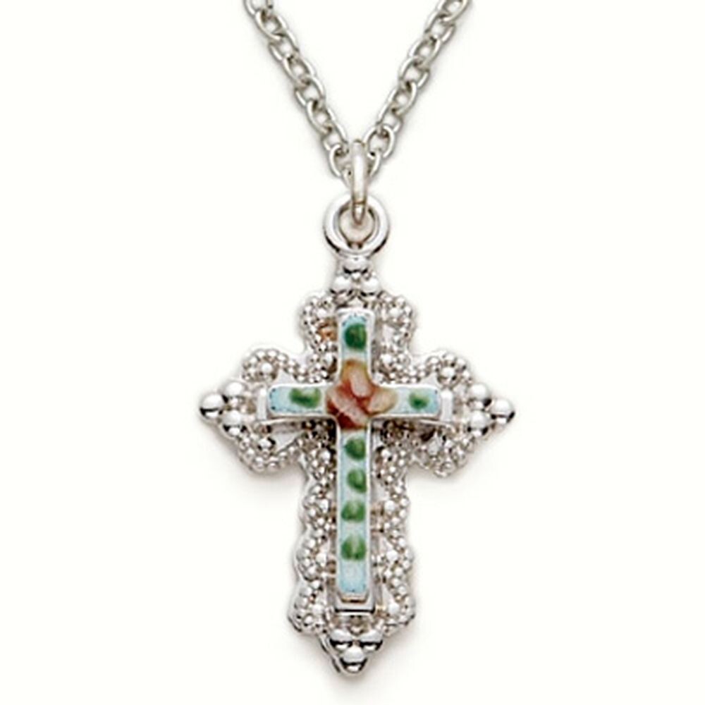 Ladies Sterling Silver Rose Filigree Cross Christian Pendant Necklace