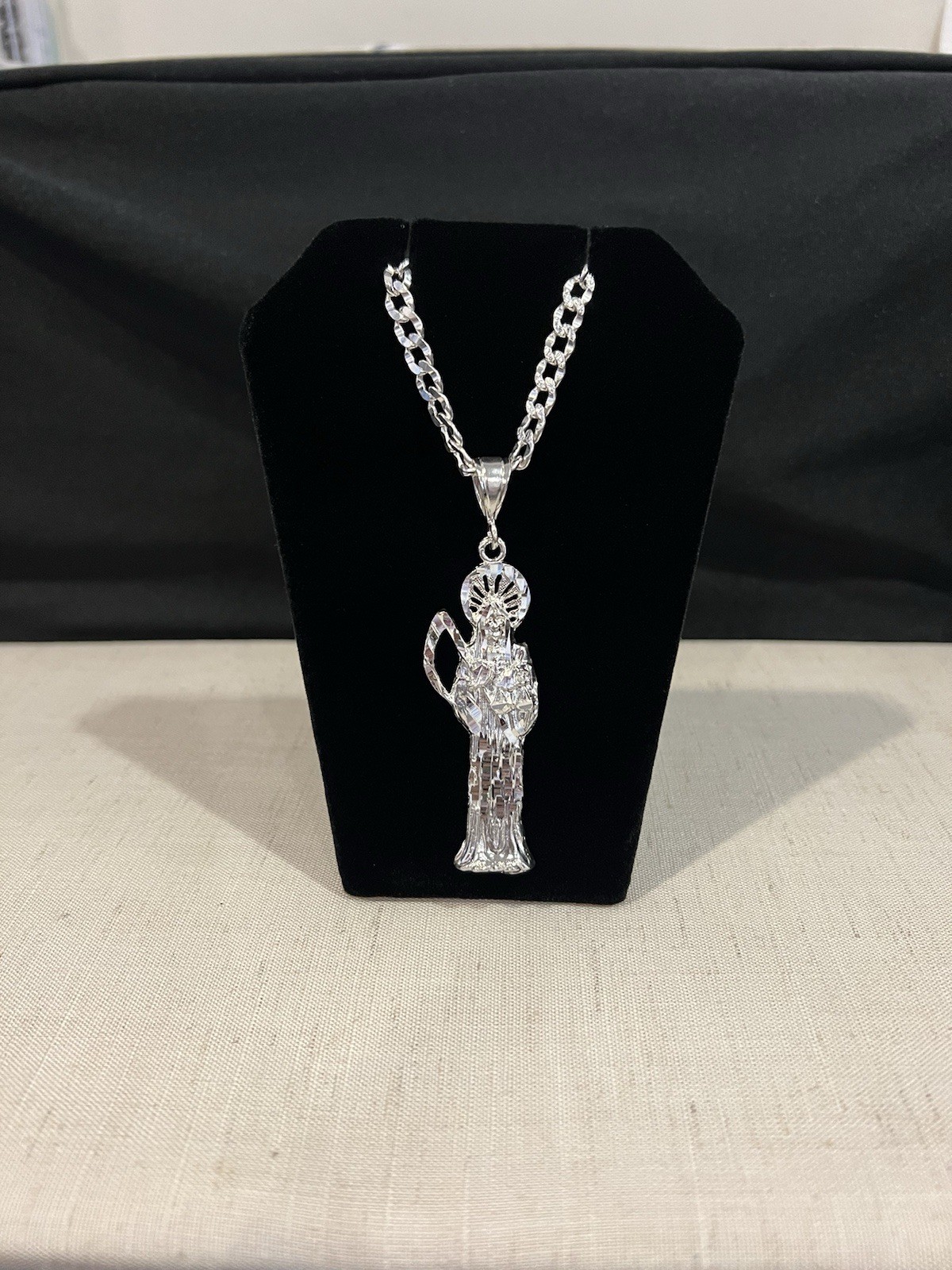 925 Sterling Silver Men Women Santa Muerte Grim Reaper Deck Curb Chain 20 26 30