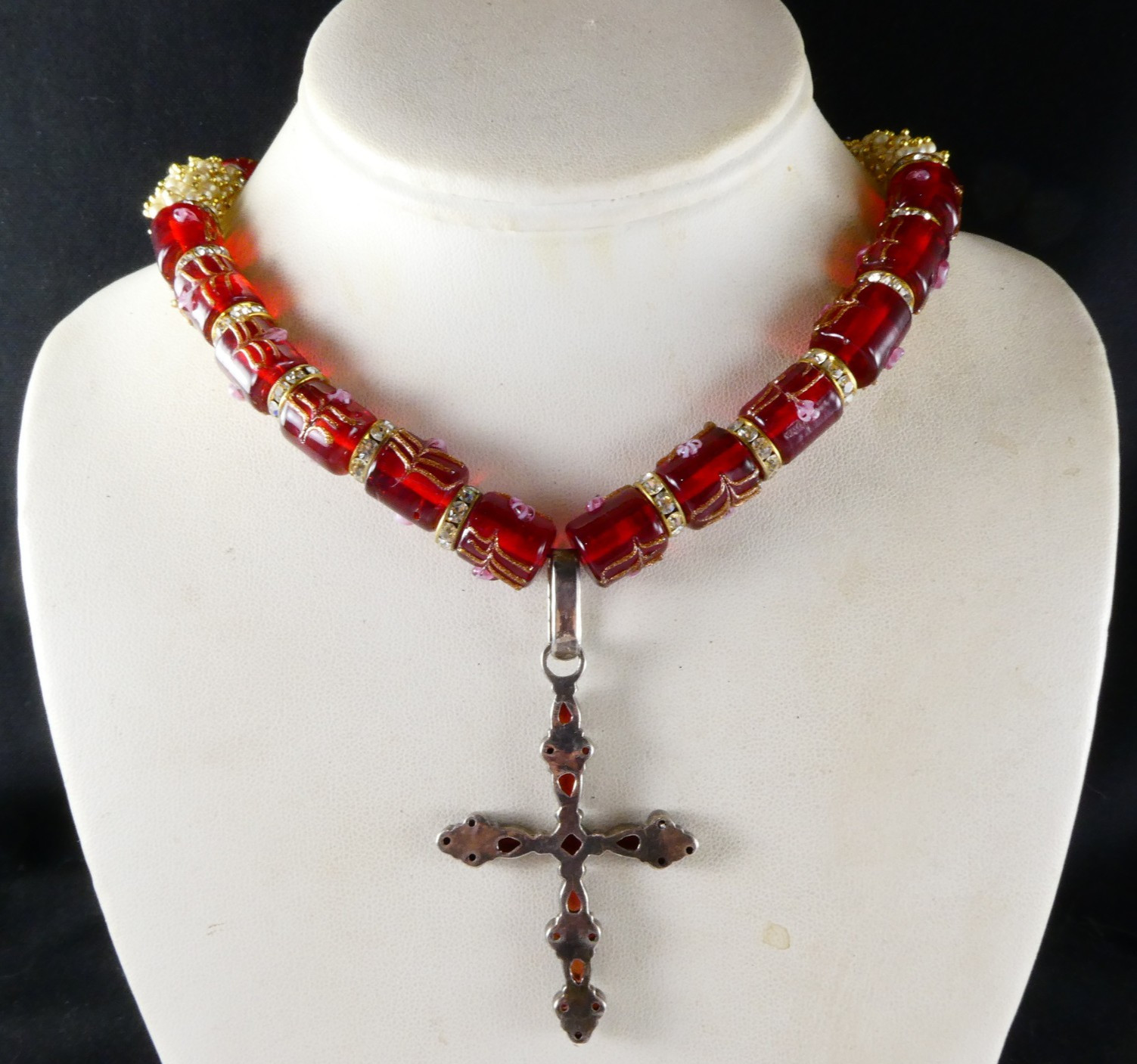 Sterling Silver Garnet Cross Pendant Necklace Red Glass Barrel Beads Crystals