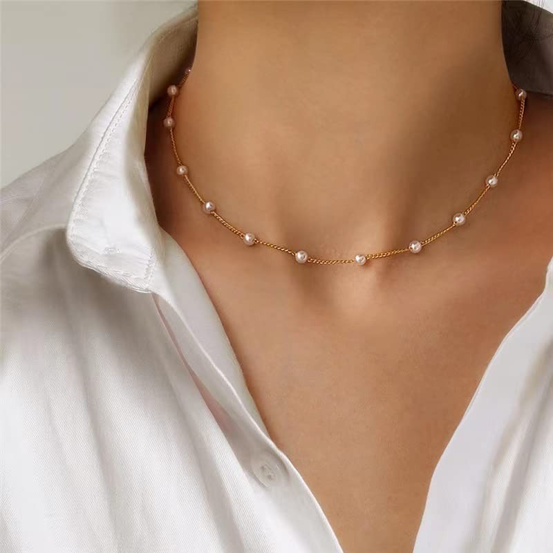 Pearl Choker Necklace for Women,18k Gold Tiny Chain Dainty Charm Adjustable Aest