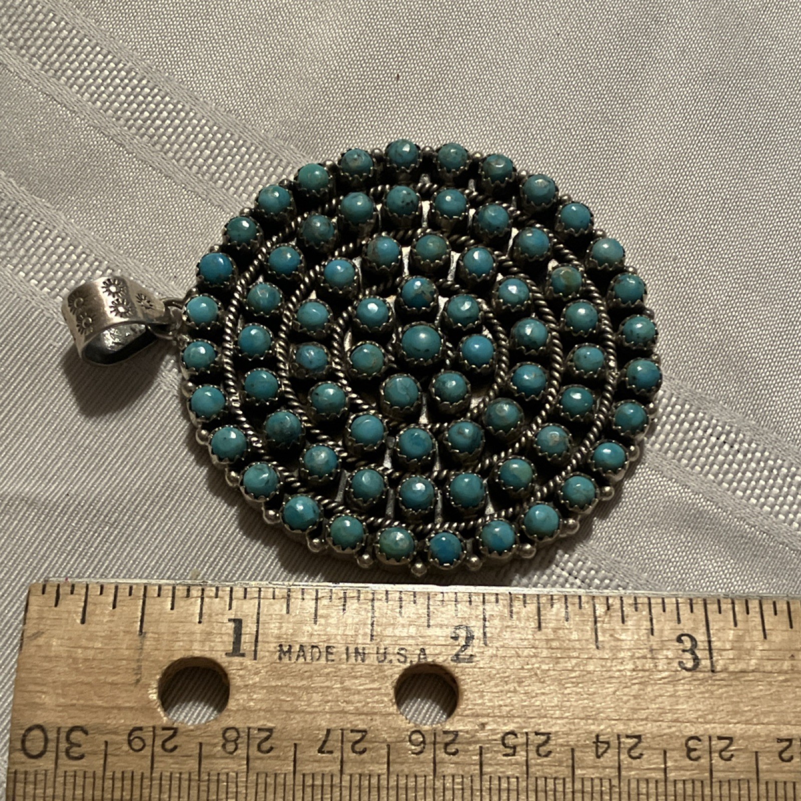 Kingman Turquoise Navajo Made Round Cluster Pendant 2.25″ 44g Sterling 925