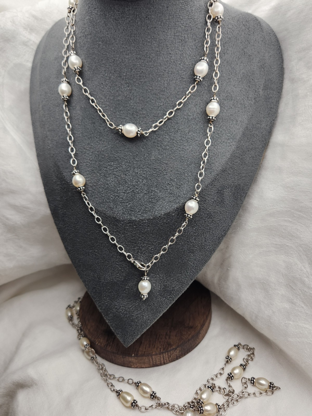 Set Of Two 32″ Honora Silver And Pearl Station Necklaces Signed 925