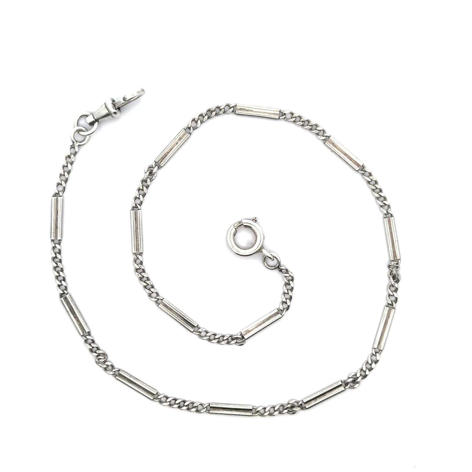 Vintage Sterling Silver 14″ Curb & Bar Link Pocket Watch Chain w/ Dog Clip