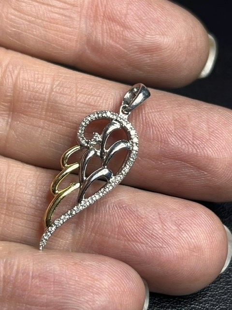 B5062 AV Sterling Silver 14K Angel Wing Pendant Diamond Accent Pave Feather 1.2″