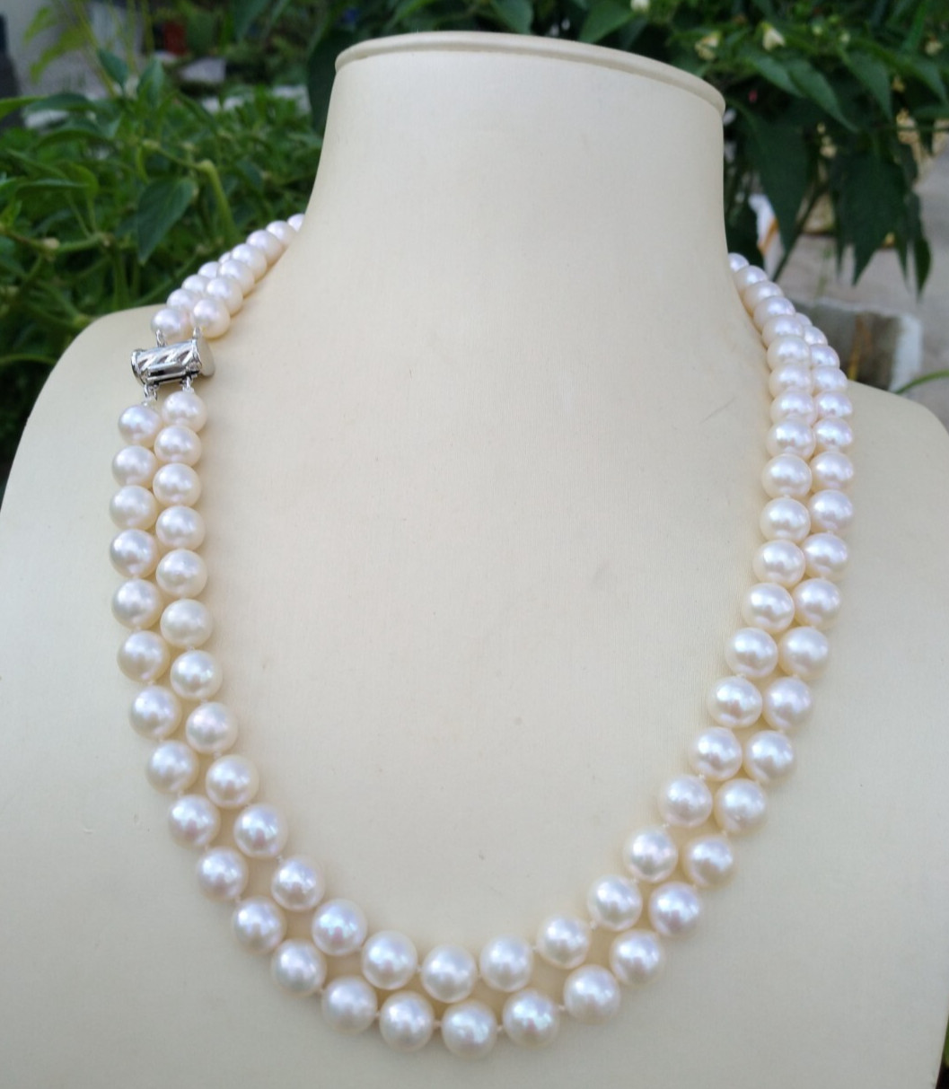 Double Strands Natural AAA+ 7-8mm South Sea Round White Pearl Necklace 14KGP