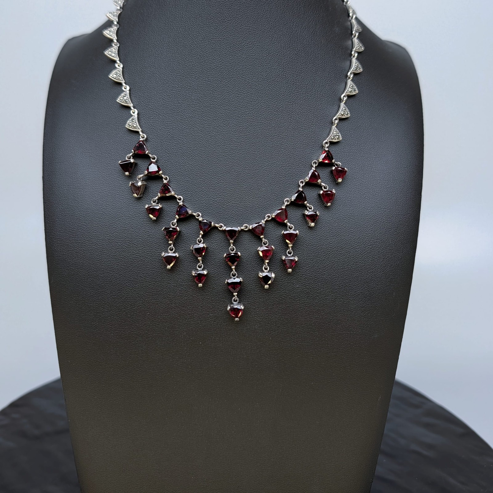 Sterling Silver 925 Garnet Marcasite Choker Necklace Red Dangles Fringe