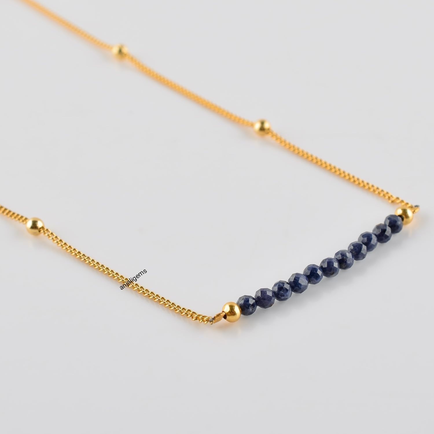 18K Yellow Gold Finished Over AA+ Blue Sapphire Beads Chain Necklace In925Silver
