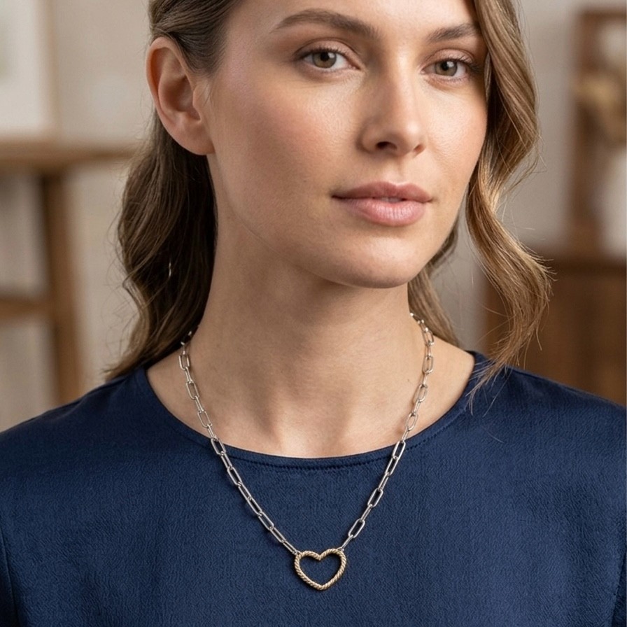 Paper Clip Oval Link Chain Heart Necklace 14K Two-Tone Gold Plated 925 Silver