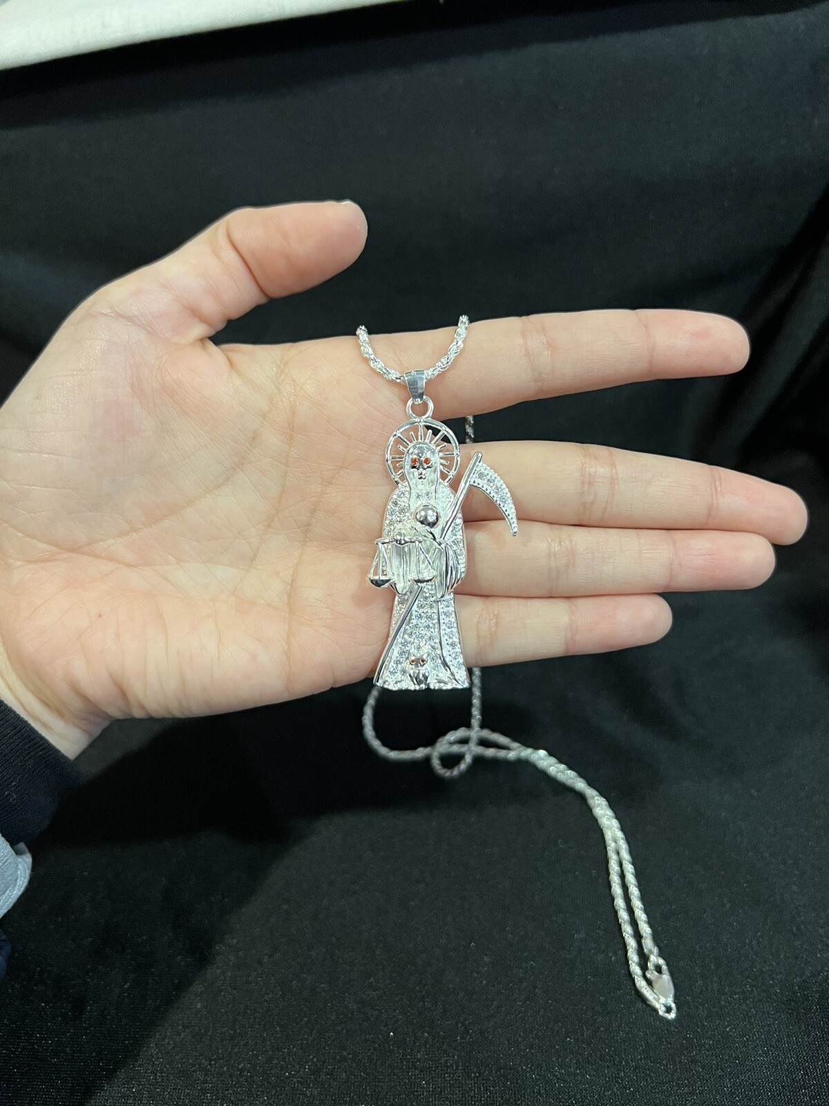 925 Sterling Silver Men Women CZ Santa Muerte Grim Reaper & Rope Chain 20 24 30