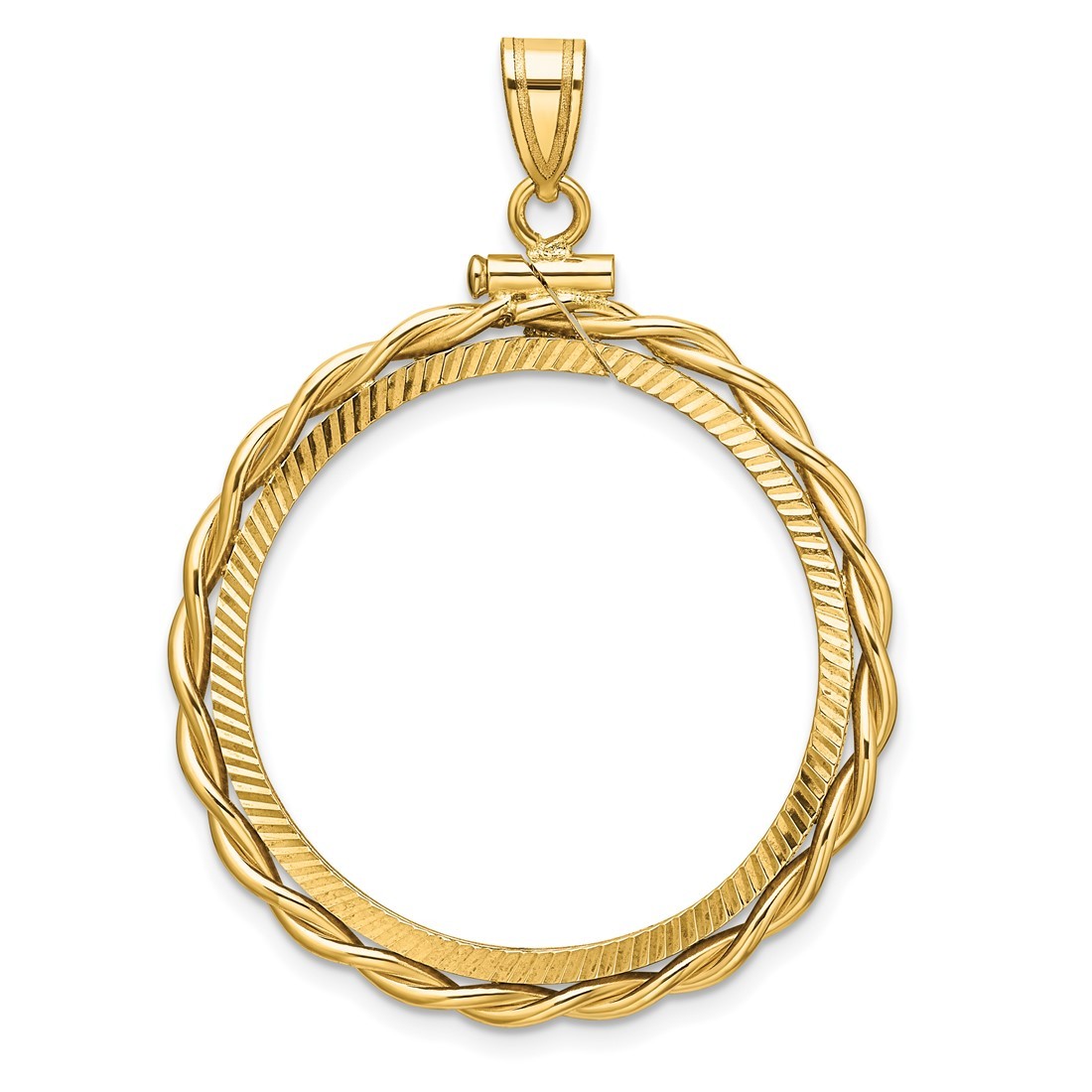 14k Gold Polished Twisted Wire Diamond-cut 27.5mm x 2.1mm Screw Top Coin Bezel