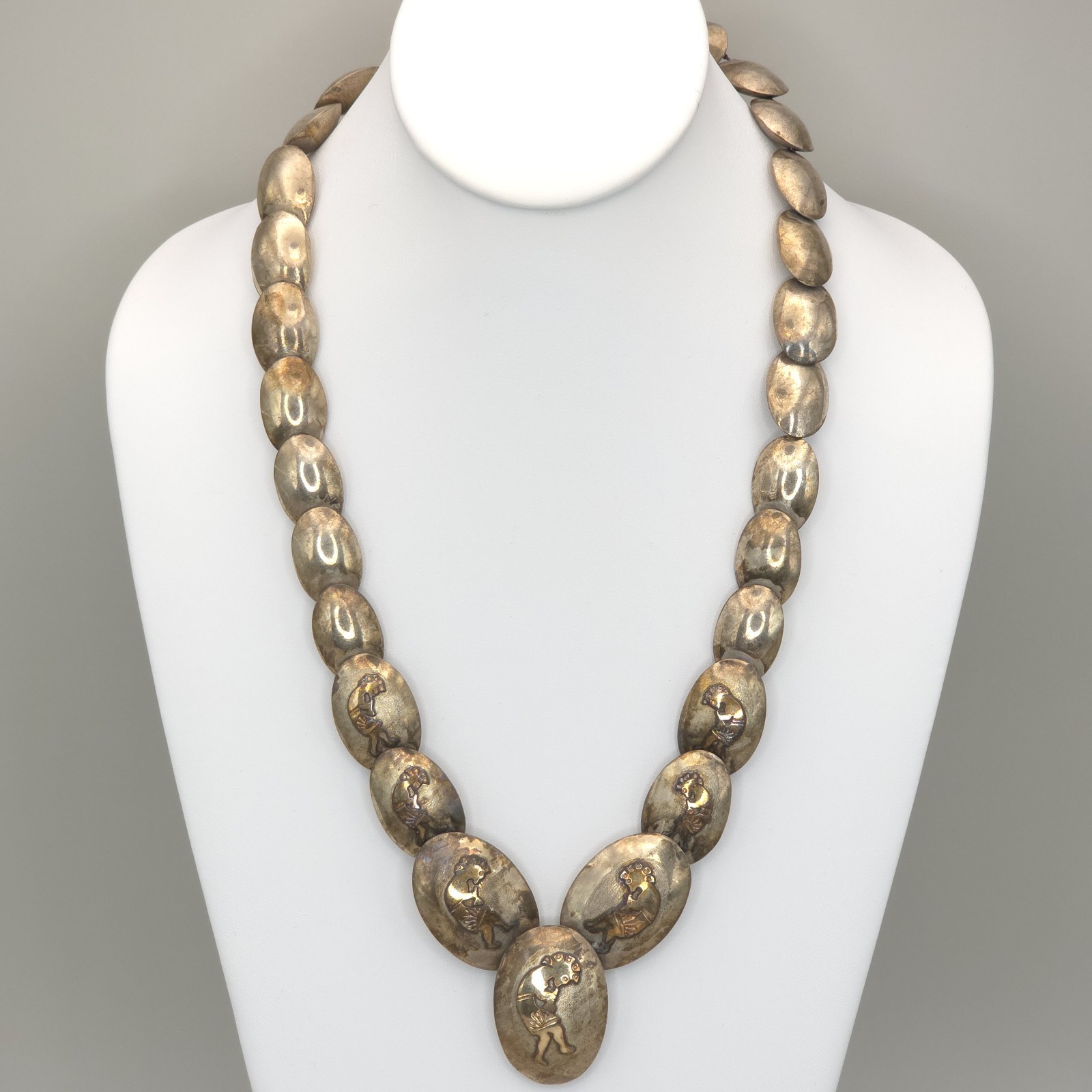 NA 925 Silver Native American Pillow Bead Necklace Kokopelli Signed SVY 23.5″