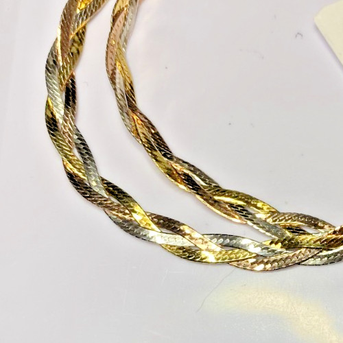 22K Gold Over Sterling Silver AGI Signed Tri Color Braided Necklace 18″ NOS 9.7g