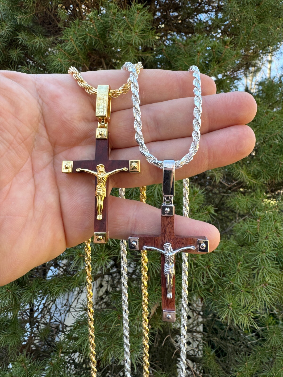 Plain Real 925 Silver & Natural Wood Jesus Cross Pendant Necklace ITALY Handmade