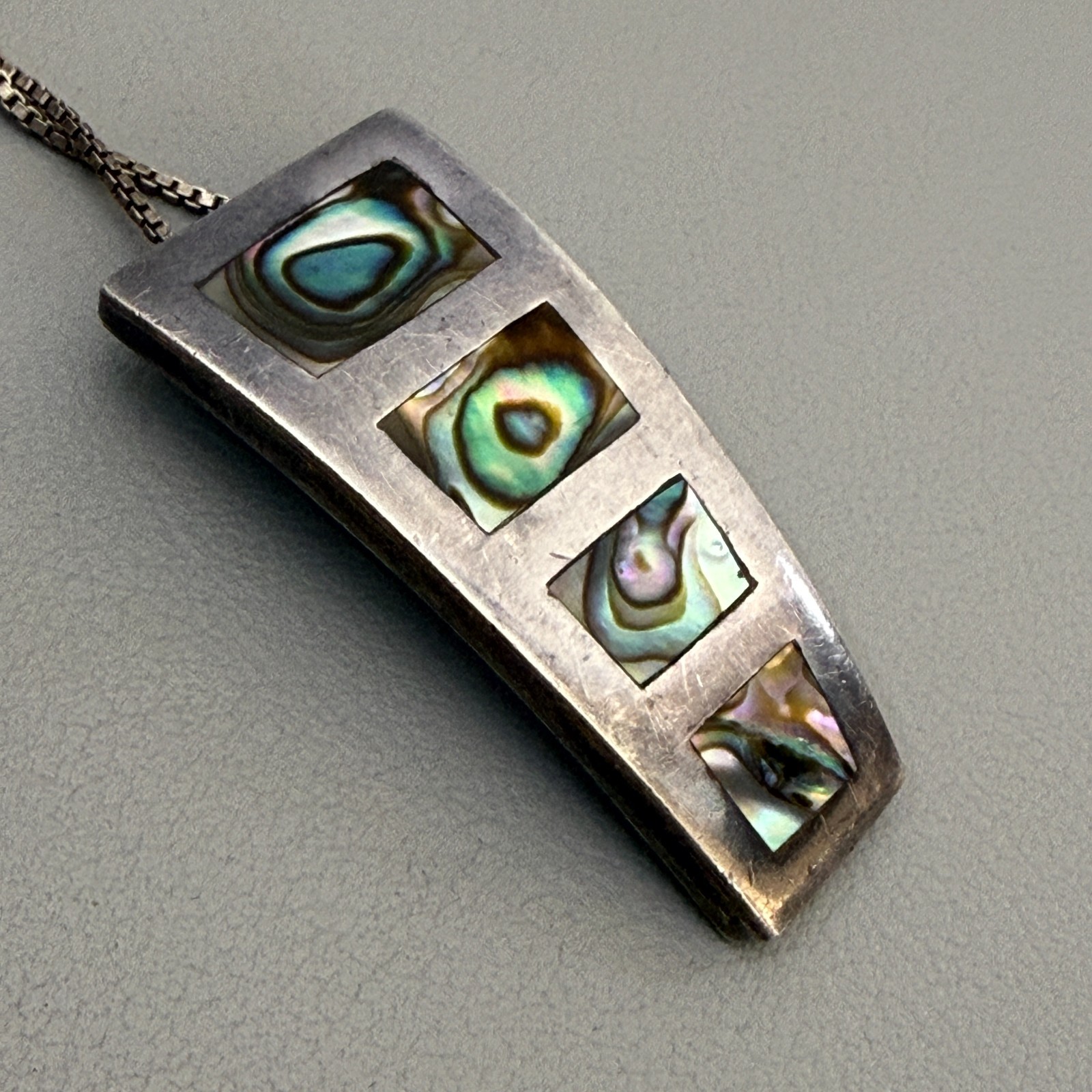 925 Sterling Silver Abalone Shell Pendant Necklace 16″ Box Chain Vintage Italy