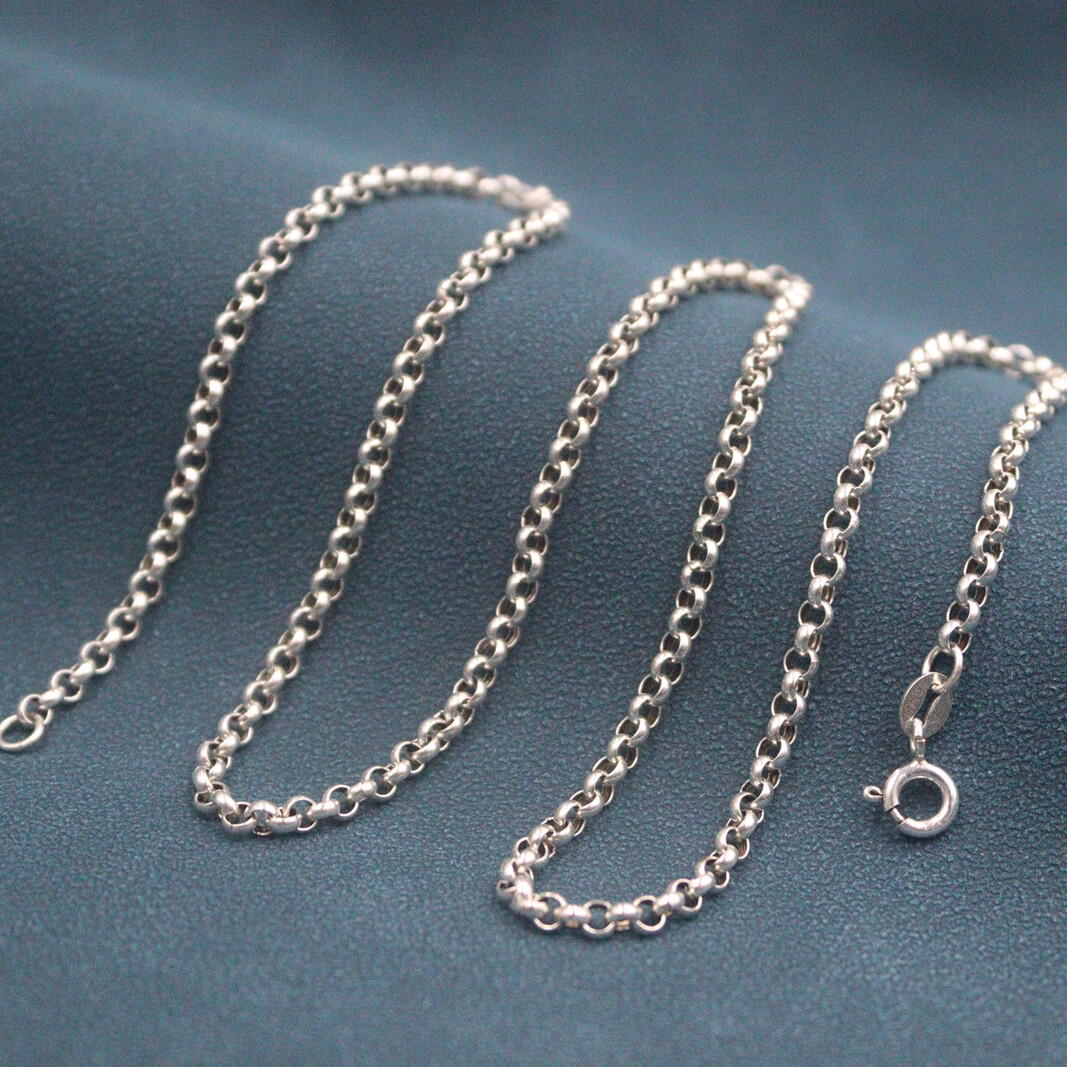 Real S925 Sterling Silver Chain For Men Women 3mm Rolo Link Necklace 20inch L