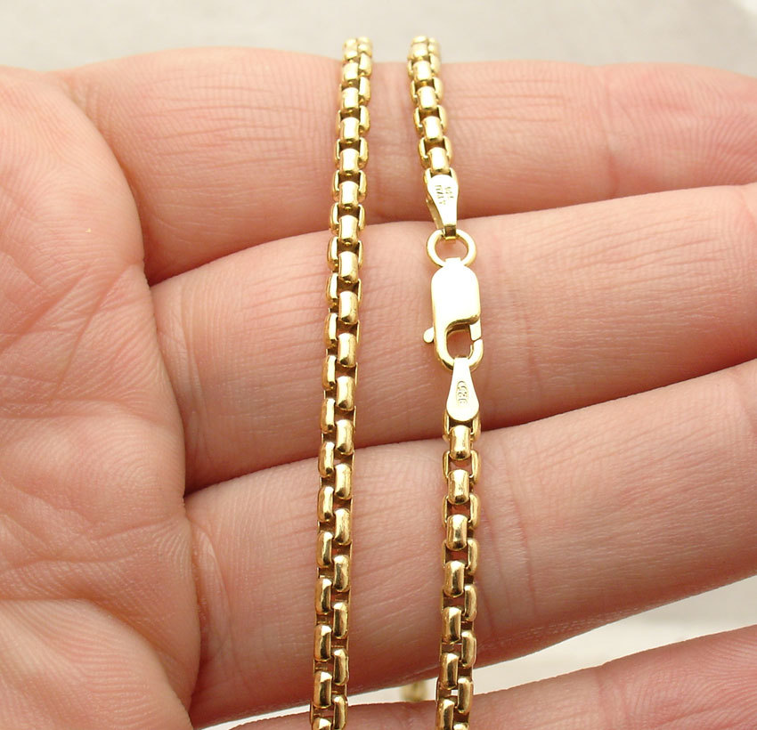 3mm Solid Round Box Chain Necklace 14K Yellow Gold Clad Sterling Silver 20″ 24″