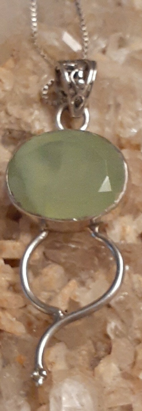 Fine Sterling Silver Prehnite Gemstone 2.25″ Pendant 18″ Box Chain Necklace