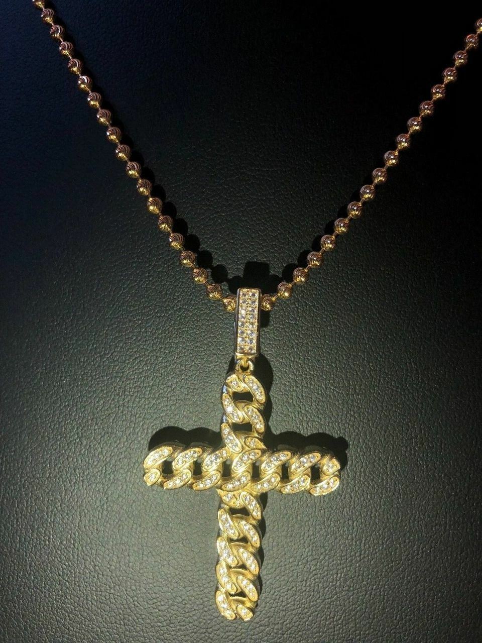 Cuban Link Cross Pendant W. Chain Sterling Silver 925 *14k Gold Plated* CZ