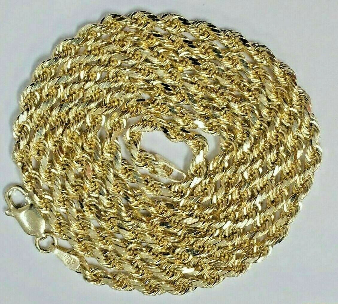 Real 10k Gold Rope chain 3mm 4mm Necklace 10KT yellow Gold 16-30″ Diamond Cut