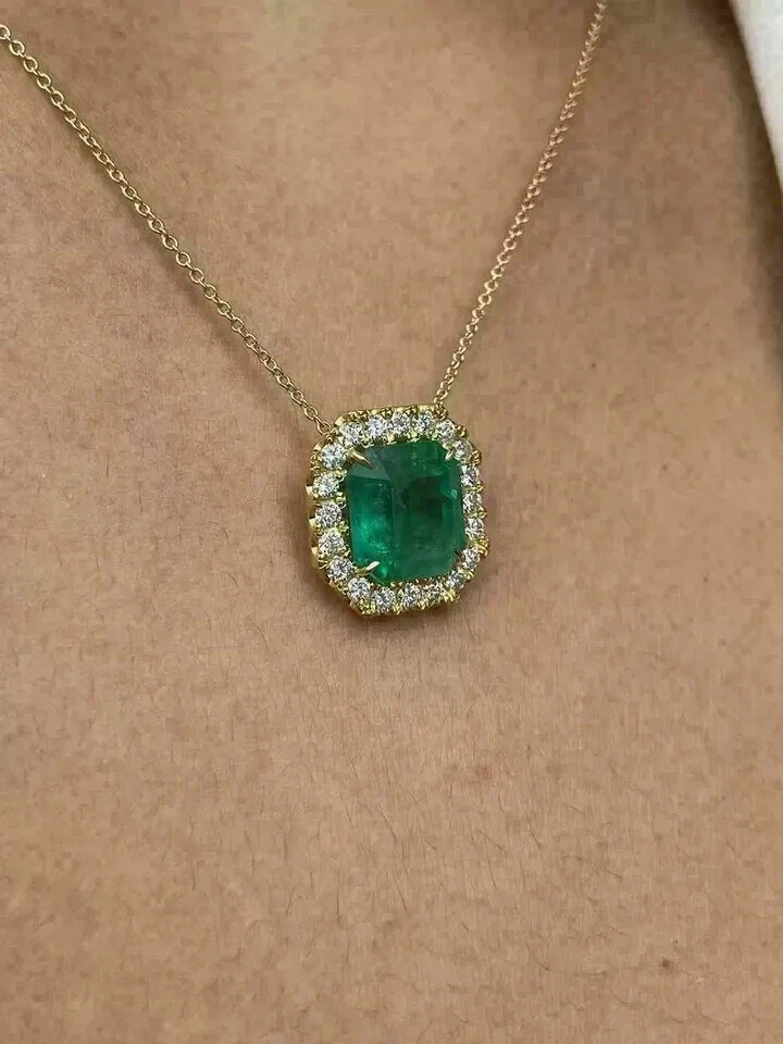 2.00Ct Asscher Cut Lab Created Emerald Halo Fancy Pendant 14K Yellow Gold Plated
