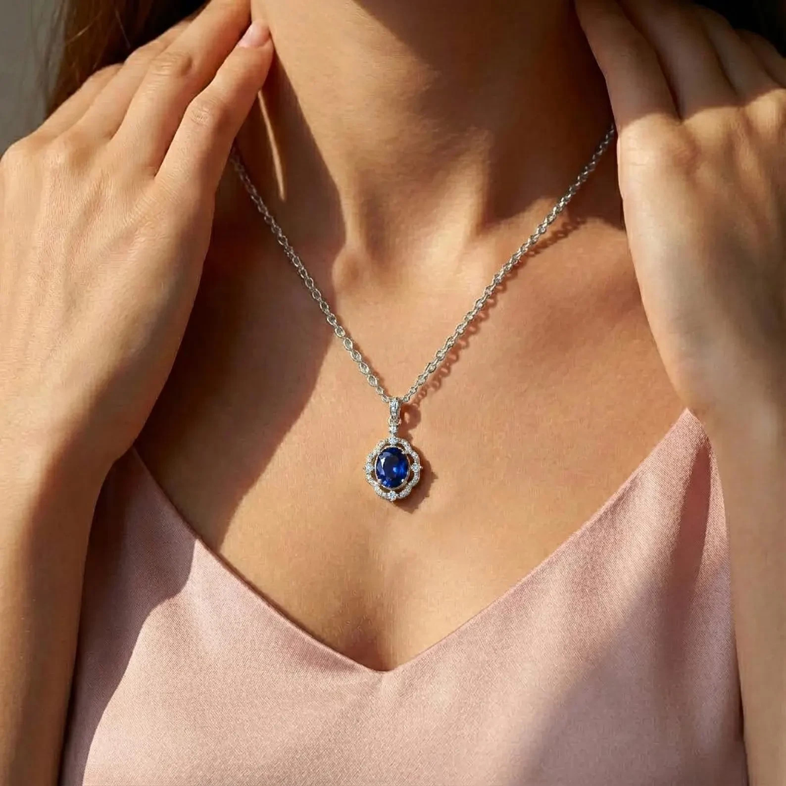 4.50 Ct Oval Cut Natural Sapphire Diamond Gorgeous Pendant 14K White Gold