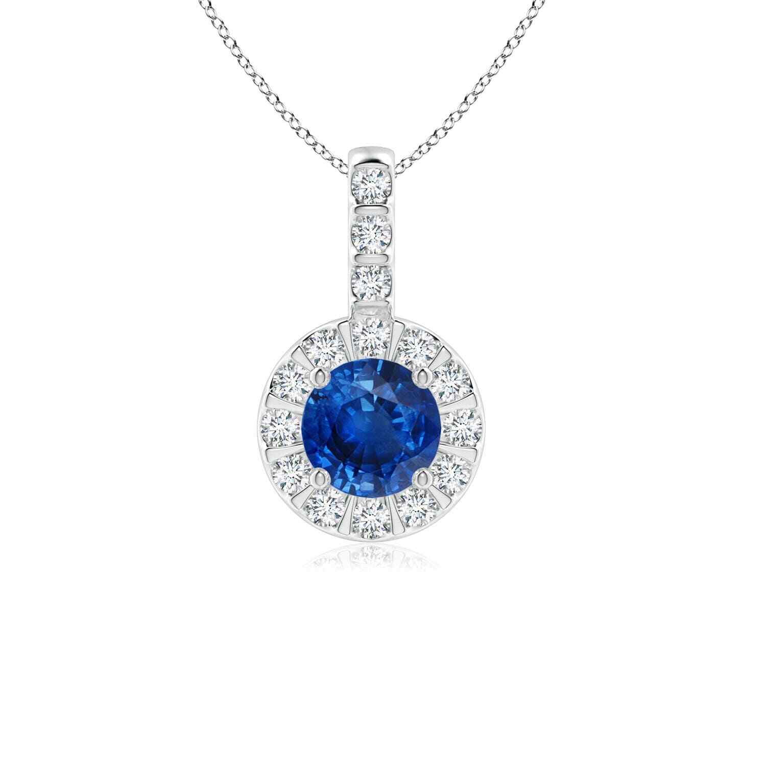 ANGARA Natural Blue Sapphire Pendant with Diamond Halo in 14K Gold (AAA, 5MM)