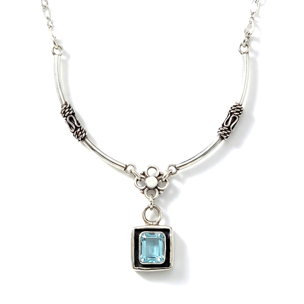 Vintage 925 Sterling Silver Natural Blue Topaz Curved Bali Modernist Necklace