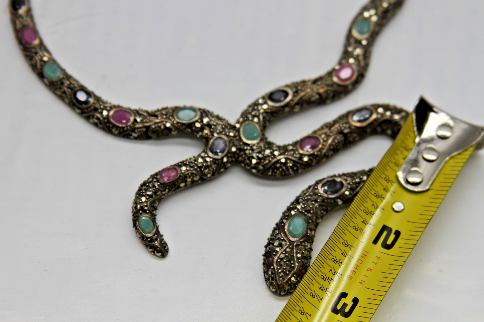 Ruby, Emerald, Sapphire, Marcasite Snake Necklace 925 Sterling Silver 77g
