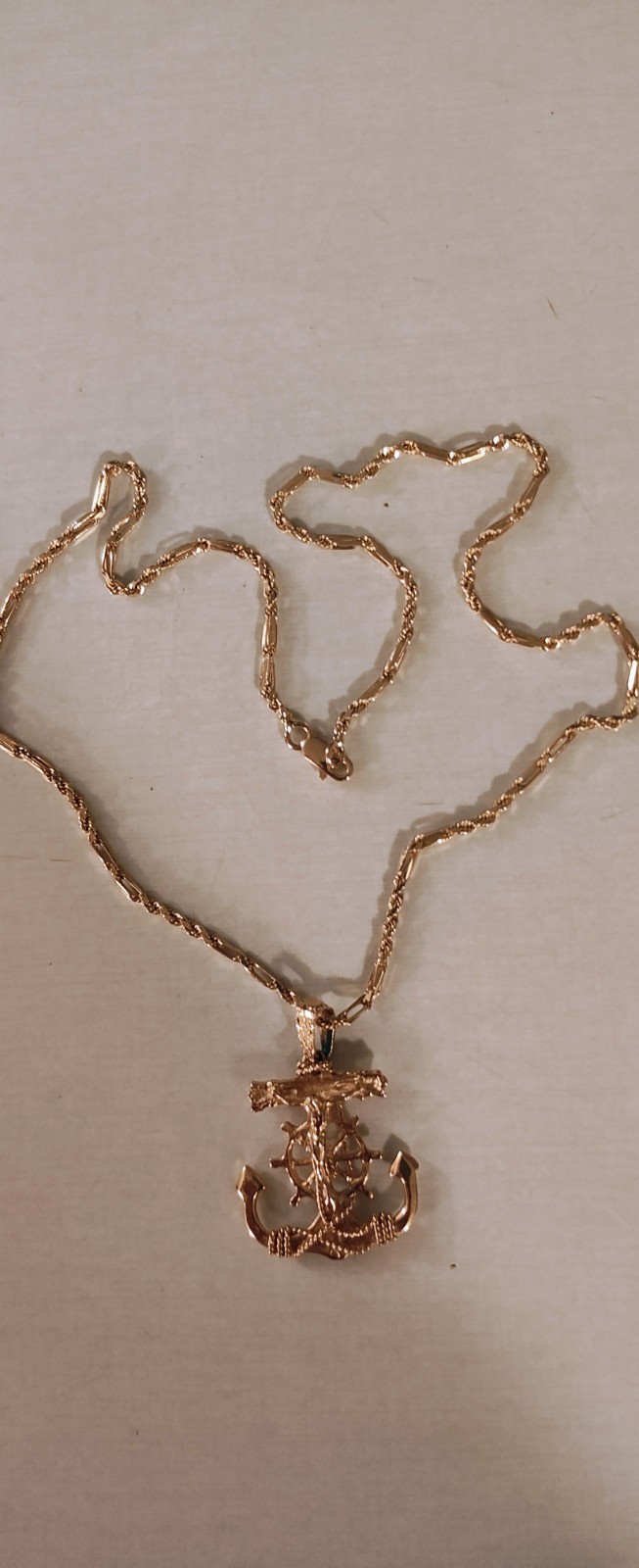 14k Yellow Gold COMBO Jesus Cross Anchor Mariners Pendant & 14k bar link chain